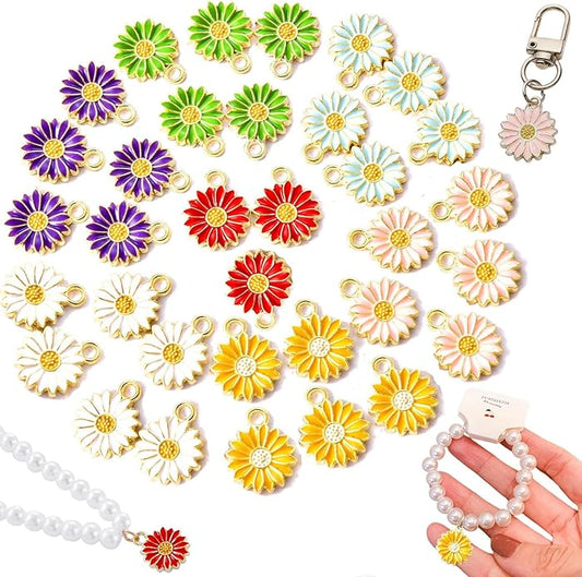 70Pcs 7 Colors Enamel Daisy Flower Charms for Jewelry Making Gold Plated Sunflower Charm Spring Summer Floral Pendant for Bracelet Necklace Earrings Keychains DIY Craft Supplies Accessories-13mm