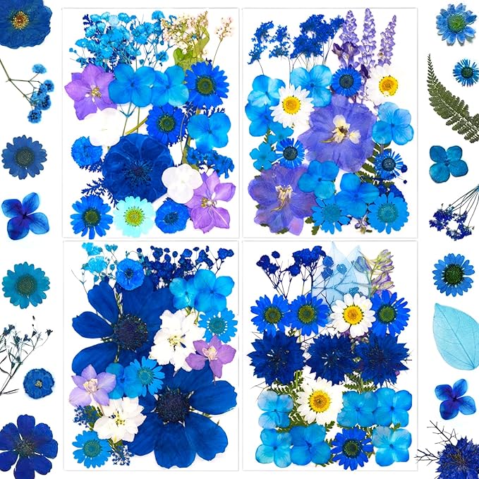 95 Pcs Blue Pressed Dried Flowers for Resin, Real Natural Bulk Dry Wildflowers Leaves Perfect for Epoxy Molds, DIY Crafts, Soap Candles Jewelry Making, and Home Decor