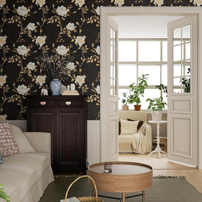 Black Golden Floral Peel and Stick Wallpaper Flowers Contact Paper 17.5" x 393" Self Adhesive Waterproof Vintage Dark Floral Wall Paper for Shelf Liner Cabinet Decor