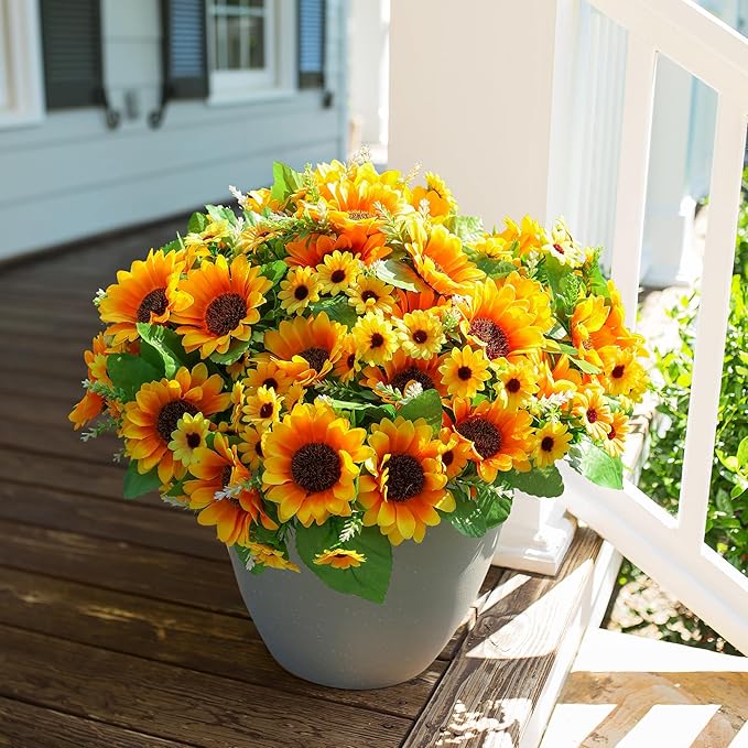 Sunflowers Artificial Flowers, 10 Bunches Fake Sunflower Artificial Flowers for Outdoors Spring Summer Decoration Look Real UV Resistant Fake Flowers for Home Porch Garden Wedding Party Office Indoor