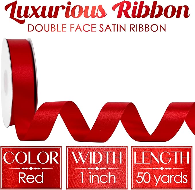 MEEDEE Red Ribbon 1 Inch Red Satin Ribbon Lux Double Faced Satin Ribbons by 50 Yards Polyester Wrapping Ribbons for Crafts, Weddings, Flower Bouquet, Holiday Decorating