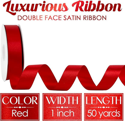 MEEDEE Red Ribbon 1 Inch Red Satin Ribbon Lux Double Faced Satin Ribbons by 50 Yards Polyester Wrapping Ribbons for Crafts, Weddings, Flower Bouquet, Holiday Decorating