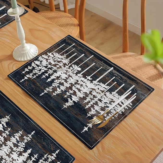 Rustic Tree Placemats Set of 4 Nature Forest Table Mats Washable Place Mats for Home Party Indoor Kitchen Dining Table Decoration 12x18 Inch