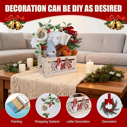 XIANMEI Christmas Wooden Baby Shower Crate Closet, Baby Basket With Artificial Garland Wreath & Accessories - Baby Shower Basket for Newborn Boys Girls, Pregnancy Gifts for New Parents (XMAS)
