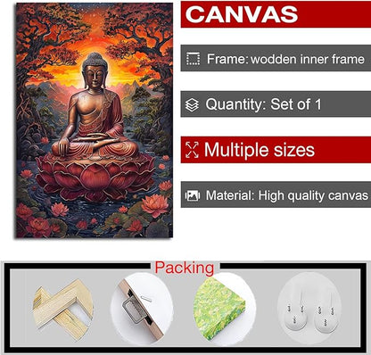 Golden Buddha on lotus seat serene meditation statue amidst lush trees flowing water and sunrise light spiritual home art for a tranquil decor 24x36in Wood Framed