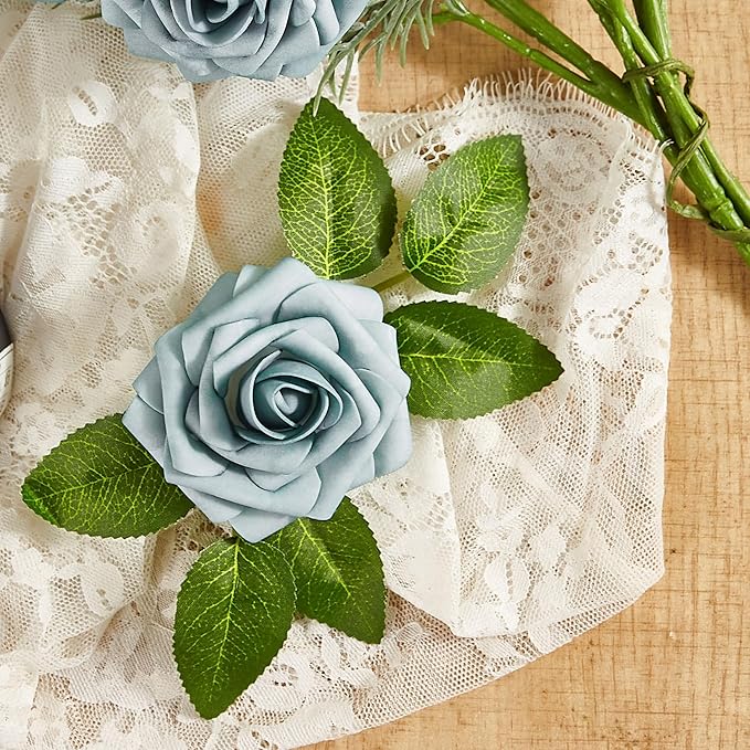 Artificial Flowers, 50pcs Dusty Blue and White Artificial Rose for DIY Wedding Bouquets Centerpieces Arrangements, Fake Flower with Stems for Party Home Decorations
