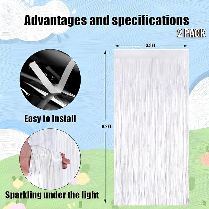 Keyali 2 Pack 3.3 * 8.3 ft Foil Curtain Metallic Tinsel Fringe Curtains Photo Booth Props Backdrop for Birthday Wedding Engagement Baby Shower Christmas Holiday Celebration Party，White