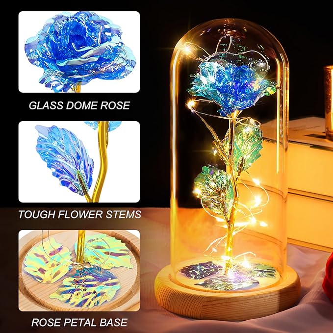 Beferr Mom Birthday Gifts for Women, Galaxy Glass Rose Forever Preserved Flowers for Delivery Prime Light Up Rose in Glass Dome Christmas Rose Gifts for Her Wife Daughter Friends, Blue