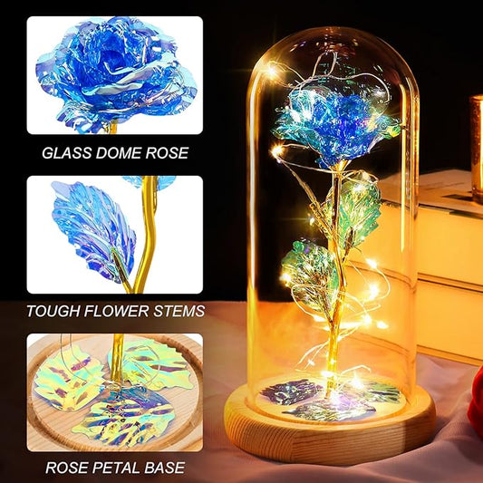 Beferr Mom Birthday Gifts for Women, Galaxy Glass Rose Forever Preserved Flowers for Delivery Prime Light Up Rose in Glass Dome Christmas Rose Gifts for Her Wife Daughter Friends, Blue