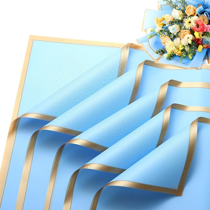 YIDATIKER 20 sheet Flower Wrapping Paper,waterproof floral wrapping paper for bouquets,DIY Florist Supplies Packaging Paper with satin ribbon for Wedding,Birthday,Valentine's Day(Blue