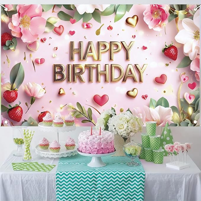 Pink Happy Birthday Backdrop Banner Gold Floral Heart Strawberry Design Photography Background Girls Birthday Party Decorations Photo Booth Supplies 71x43 Inch