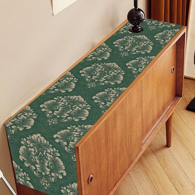 Vintage Damask Table Runner, Green Classical Luxury Old Fashioned Damask Royal Victorian Floral Print Table Center Decor for Family Kitchen Table Decorations Indoor Outdoor 13x108 inch