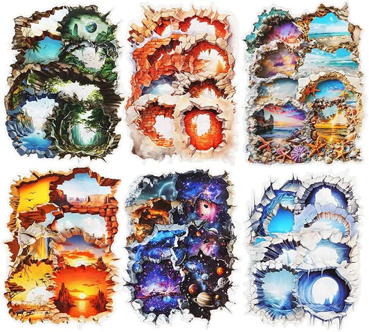 60Pcs Broken Wall Illusion Scrapbook Stickers, PET Fantasy Ephemera for Journaling, Craft Supplies and Junk Journal