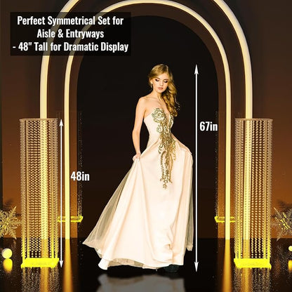 2-Pack 48" Clear Acrylic Wedding Pillars with Remote LED Lights, Crystal Bead Flower Pedestal Stands for Elegant Wedding Ceremony, Party, Holiday Events & Seasonal Decorations