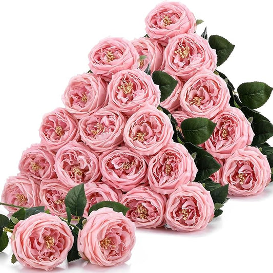 Giegxin 20 Pcs Real Touch Peonies Austin Roses Artificial Flowers, Faux Look Real Long Stems Fake Flower with Big Blooms for Christmas Valentines Wedding Party DIY Arrangement Home Decor(Pink)