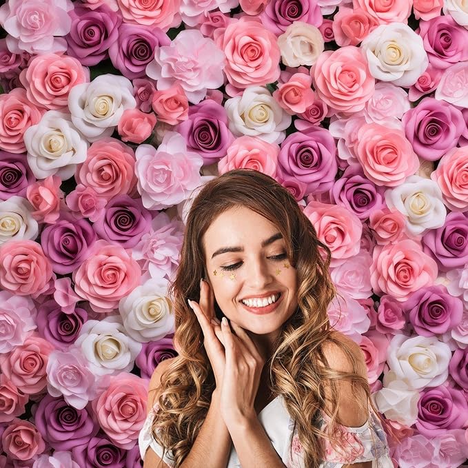 Pink Red Roses Backdrop Flowers Floral Wall Photography Background Baby Shower Wedding Birthday Party Banner Anniversary Decorations Girls Children Adults Portrait Video Studio Prop 8x6ft