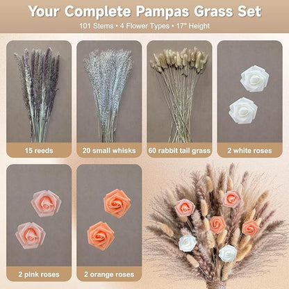 Pampas Grass Boho Home Decor 101PCS 17 inch Natural Dried Flowers for Vase Pompas Eucalyptus Stems, Artificial Flowers Bouquet DIY Arrangements Boho Wedding Bedroom Tables Rustic Decoration