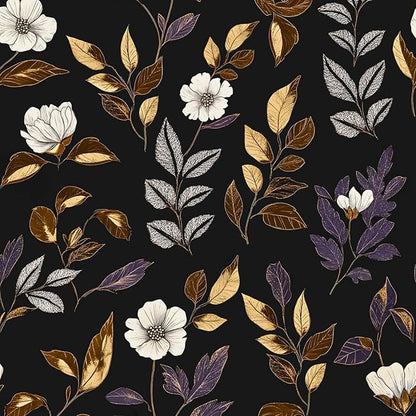 Dark Floral Wallpaper Peel and Stick Vintage Gold Leaf Contact Paper Black Floral Wallpaper Waterproof Self-Adhesive Wall Covering for Bedroom Countertop Desk Cabinets 17.4" x 118"