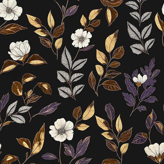 Dark Floral Wallpaper Peel and Stick Vintage Gold Leaf Contact Paper Black Floral Wallpaper Waterproof Self-Adhesive Wall Covering for Bedroom Countertop Desk Cabinets 17.4" x 118"