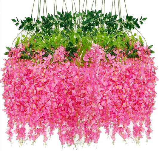 Artificial Wisteria Hanging Flowers-Fake Wisteria Flower Garland Silk Vines Rattan Decor for Home Wedding Arch Wall Garden Greenery Bedroom Outdoor Office Party Decoration(36, Dark Pink)