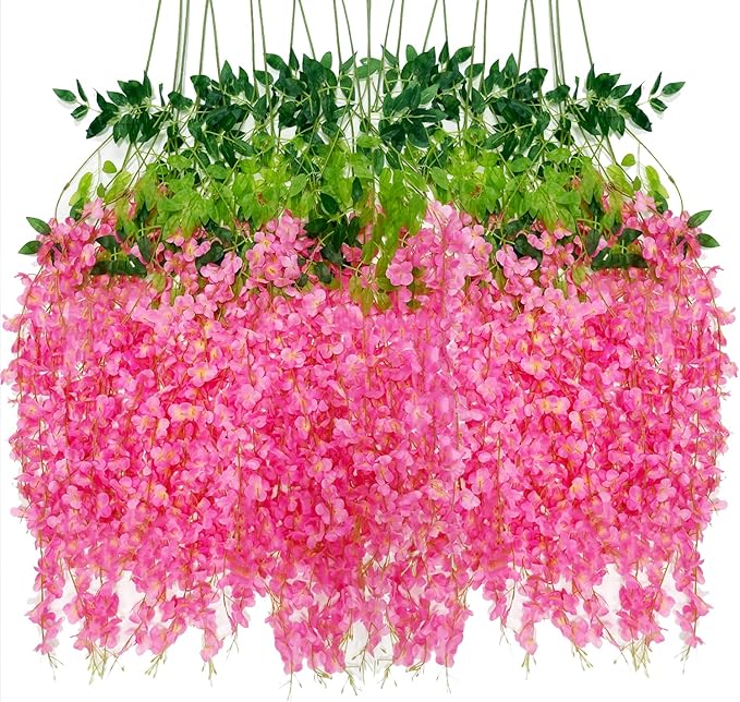 Artificial Wisteria Hanging Flowers Fake Wisteria Flower Garland Silk Vines Rattan Decor for Home Wedding Arch Wall Garden Greenery Bedroom Outdoor Office Party Decoration (12, Dark Pink)