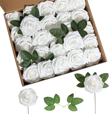 Artificial Flower Foam Rose 25pcs Real Looking Fake Rose with Stems Leaves for Home Decoration Party Garden Centerpieces DIY Wedding Bouquets（White）