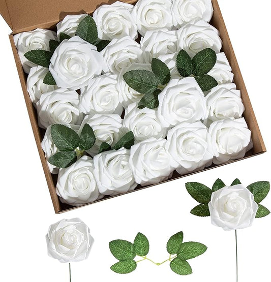 Artificial Flower Foam Rose 25pcs Real Looking Fake Rose with Stems Leaves for Home Decoration Party Garden Centerpieces DIY Wedding Bouquets（White）