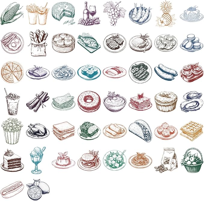 50PCS Food Stickers, Transparent PET Cartoon Line Art Decals of Cakes, Bread, Sushi, Fruits, Fries for Scrapbooking, Journaling, Water Bottles, Laptops, DIY Crafts & Gift Decor