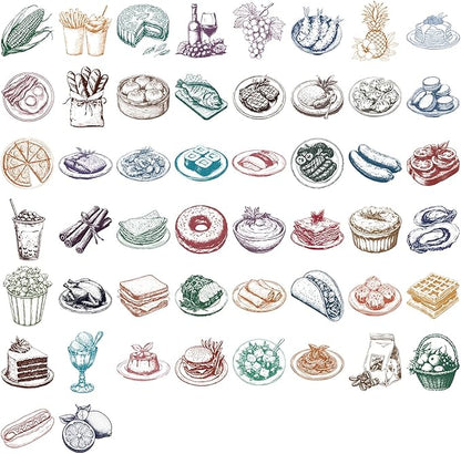 50PCS Food Stickers, Transparent PET Cartoon Line Art Decals of Cakes, Bread, Sushi, Fruits, Fries for Scrapbooking, Journaling, Water Bottles, Laptops, DIY Crafts & Gift Decor