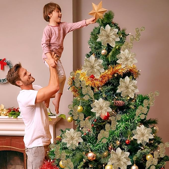 24 Pcs Gold Boxed Christmas Poinsettia Flowers Set, 16 Pcs Artificial Poinsettias with Clips, 8 pcs Glitter Christmas Tree Ornaments Berry Stems for Wedding Home Holiday Xmas New Year Decorations