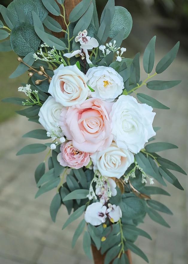 Artificial Blush Pink Wedding Arch Flower Swags Set of 2 for Welcome Signs and Ceremony Decorations, Champagne Gold Wedding Flowers