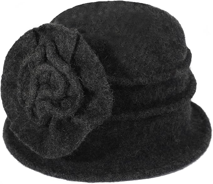 ZLYC Women Wool Cloche Bucket Hat 1920s Vintage Dress Winter Hats with Flower Accent