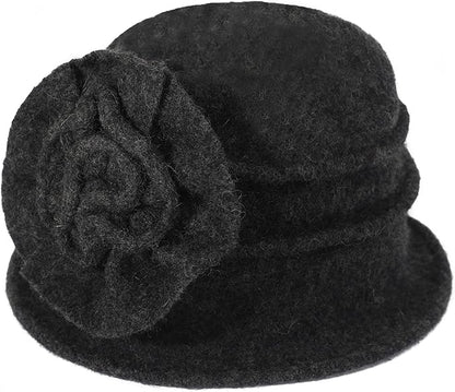 ZLYC Women Wool Cloche Bucket Hat 1920s Vintage Dress Winter Hats with Flower Accent