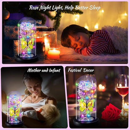 Rainbow Butterfly Rose Flower Birthday Gifts - Women Gifts for Her Anniversary Valentines Mothers Day Christmas Thanksgiving - Light Up Rose Flower Gifts for Wife Mom Grandma Girlfriend Lady Girl