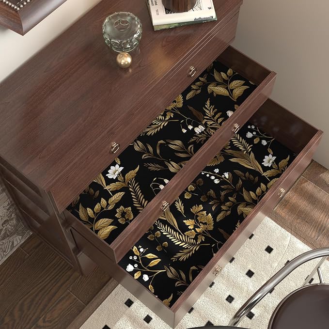 Dark Floral Peel and Stick Wallpaper, Vintage Leaf Pattern Black Gold Self Adhesive Removable Wallpaper for Bedroom Cabinet Kitchen, Vinyl Modern Contact Paper Retro Black Gold 17.5In x 118In