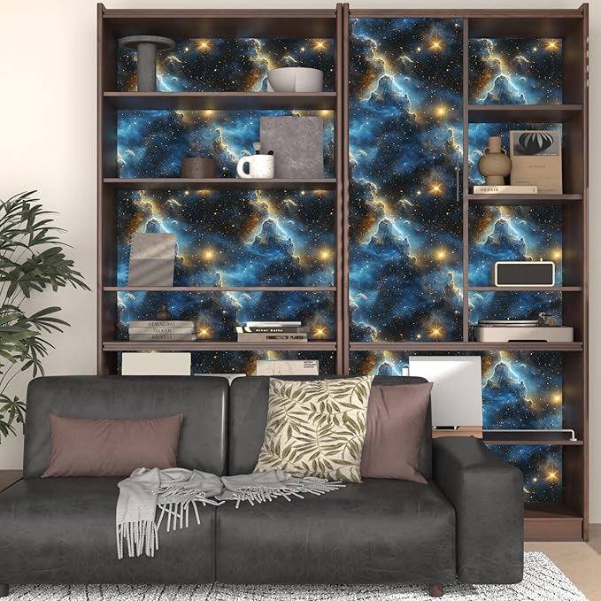 Starry Night Sky Wallpaper Peel and Stick 17.4" x 118" Dark Blue Galaxy Contact Paper Modern Space Wallpaper for Bedroom Cabinet Bathroom Home Decor