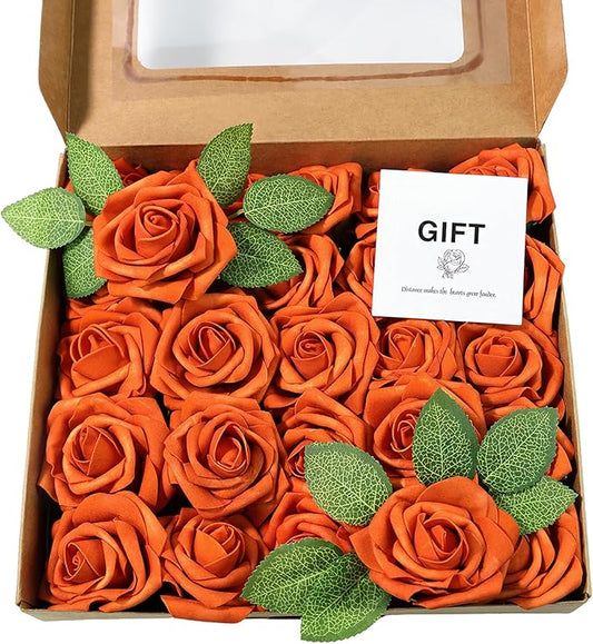 Meldel Artificial Flower 25pcs Real Looking Orange Fake Foam Roses with Stems for DIY Wedding Bouquets Gifts Bridal Shower Crafts Faux Floral Centerpieces Arrangements Home Party Tables Decorations