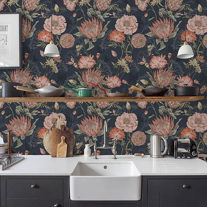 Floral Wallpaper Peel and Stick Floral Contact Paper Dark and Pink Vintage Wall Paper Removable Self Adhesive Vinyl Stick on Wallpaper for Bathroom Bedroom Decor 17.3in x 118in