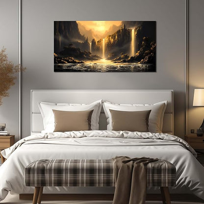 Mountain Pictures Wall Art for Living Room Waterfall Canvas Wall Decor Office Black and Gold Wall Art Bedroom Size 20" x 40"