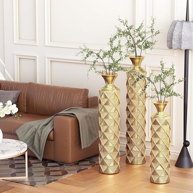 Floor Vases, Tall Home Decor Metal Vase Set of 3 Large Glazed Decorative Vases for Wedding Decor, Elegant Modern Flower Holder for Living Room, Entryway, Hallway, Dining Room