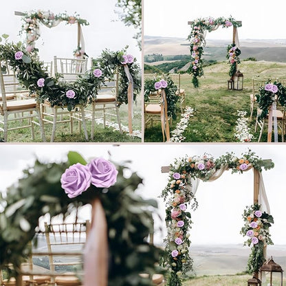 Artificial Flowers 50PCS Light Purple Roses Real Looking Foam Fake Roses with Leaves and for DIY Wedding Bouquets Bridal Shower Centerpieces Party Decorations (Lilac)