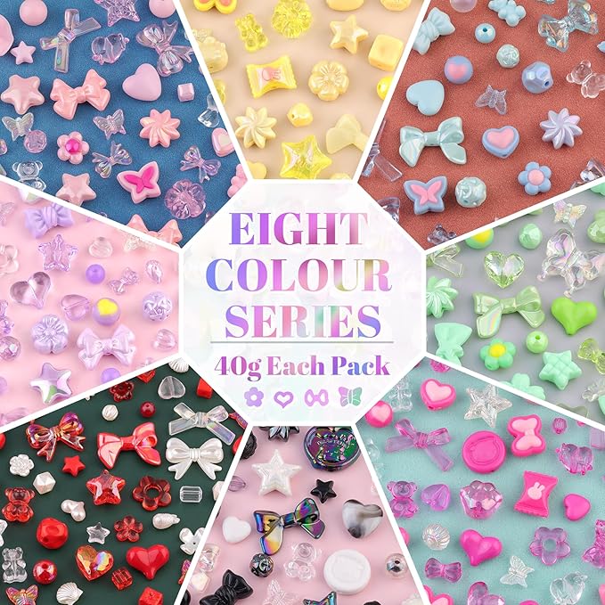 Assorted 500-550PCS 8 Colors Mixed Acrylic Beads for Bracelet Making, Flower Bow GummyBear Bracelet Bead,Cute Beads for Jewelry Making DIY Necklace Keychain Phone Charm Christmas Gift