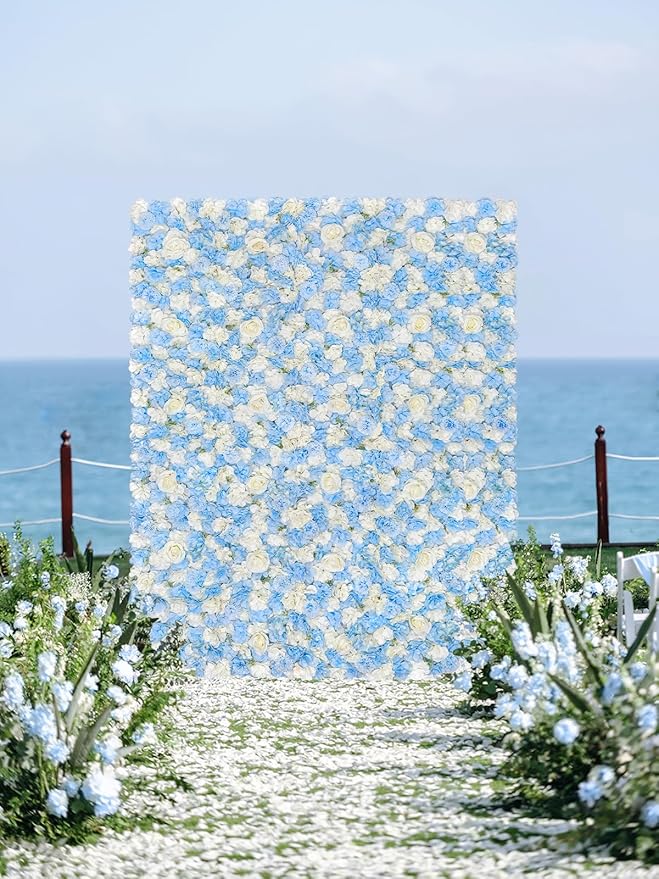 Blue Flower Backdrop Wall 5ftx3.74ft Fake Rose Wedding Backdrop 3D Floral Wall Panels for Baby Shower Party Bridal Wedding Background Decor