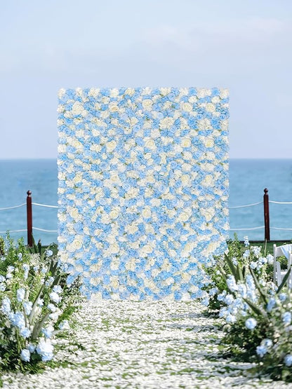Blue Flower Backdrop Wall 5ftx3.74ft Fake Rose Wedding Backdrop 3D Floral Wall Panels for Baby Shower Party Bridal Wedding Background Decor