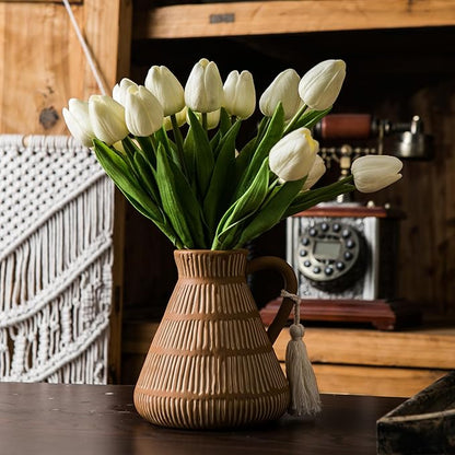 Rustic Farmhouse Vase with Handle and Tassel, Vertical Stripes Terracotta Pottery - Vintage Ceramic Clay for Home Décor, Shelf, Table, Bookshelf, Mantle, Entryway