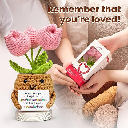 Gossby Handmade Positive Tulip Flower Crochet - Sometimes You Forget You're Awesome - Inspirational Gift for Women - Birthday, Appreciation, Positive Gift for Teacher, Mom, Friend, Coworker