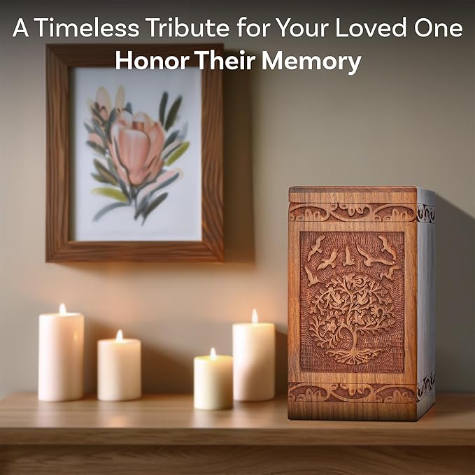 INTAJ Tree of Life Wooden Urn for Human Ashes, 20lbs Capacity, Suitable for Burial for Men, Women, Mom, Dad - Mini Rosewood Keepsake Cremation Urn for Ashes Handcrafted - Wooden Carved Box