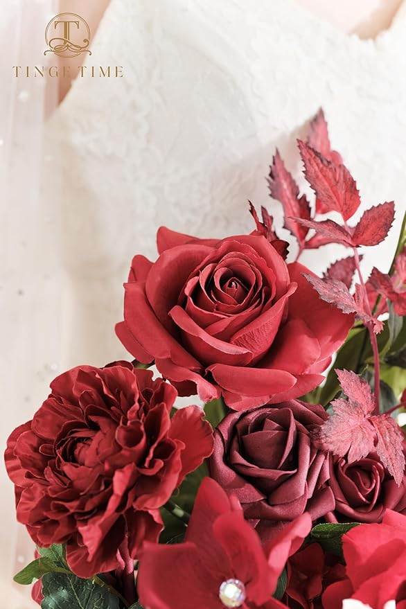 TINGE TIME 15 Inch Artificial Wedding Bouquets for Bride, Cascading Bouquet Wedding Bride Holding Flowers for Wedding Ceremony Anniversary, Bridal Shower and Party (Burgundy Red)