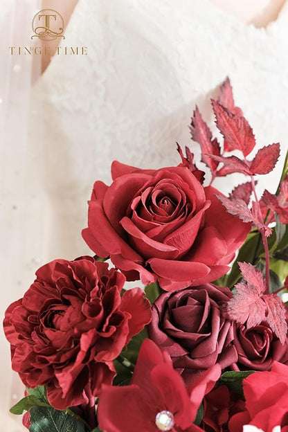TINGE TIME 15 Inch Artificial Wedding Bouquets for Bride, Cascading Bouquet Wedding Bride Holding Flowers for Wedding Ceremony Anniversary, Bridal Shower and Party (Burgundy Red)