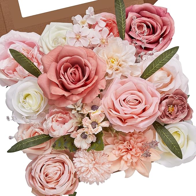 Serwalin Artificial Pink Flowers Spring Roses Silk Fake Flowers for DIY Wedding Bridal Bouquets Cake Flower Baby Shower Table Centerpieces Arrangements Decoration